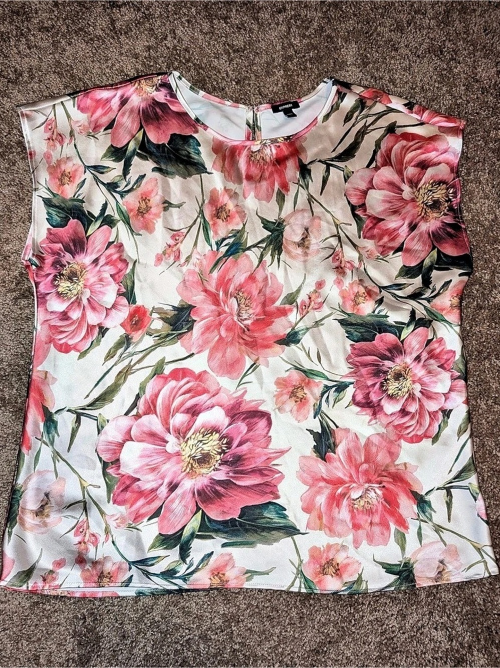 ☘️ Express Floral Short Sleeve Blouse Pink & White Size Medium